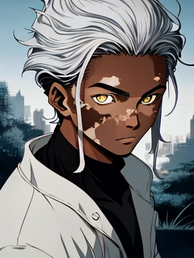 Human Male,long white hair Style   , (( best quality)) ,((Skin Black white Vitiligo )),(( manga Style )), Black Clothing ,(( yellow pupils )