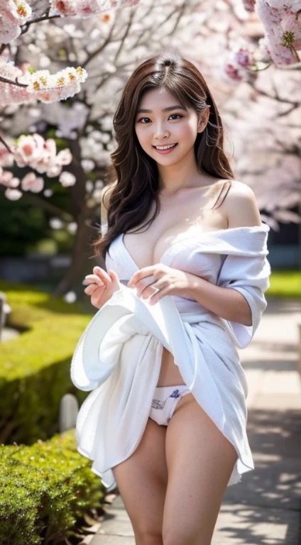 (((Full body photo))),(((She is naked and wearing a thin see-through kimono that exposes very little skin.、A beautiful woman standing on a road lined with cherry blossoms in full bloom,Off the shoulder))),(((Blue sky and cherry blossoms in full bloom、A beautiful woman in a white kimono is looking at me..))),(((Pieces fly:1.6))),(((Ulsan - 6500))),(((Perfect Anatomy:1.6))),(((Hasselblad's deep depth of field))),(((Sexy waist))),masterpiece,highest quality,Ultra-high resolution,Highly detailed portrait,(Realistic photos:1.4),(((High nose and beautiful face))),(((Long limbs like a model))),Her pale neck is dazzling,(((The pure white kimono shows off her beautiful body lines..))),Tuck your chin in and smile,((Full body shot from the front)),20-year-old, Long, lustrous chestnut-colored hair tied up、The neck is sexy.,((C cup breasts )),(can'I'm tired of my waistline),(A scene from a famous Japanese folktale),(Look over your shoulder、Please smile with your mouth corners and eyebrows raised),Fine grain,((Photo shoot in the sunlight filtering through the trees in the forest)),((Long eyelashes,Big eyes,Transparent double eyelids,((Glossy thick lips)),(((Perfect Anatomy:1.4))),