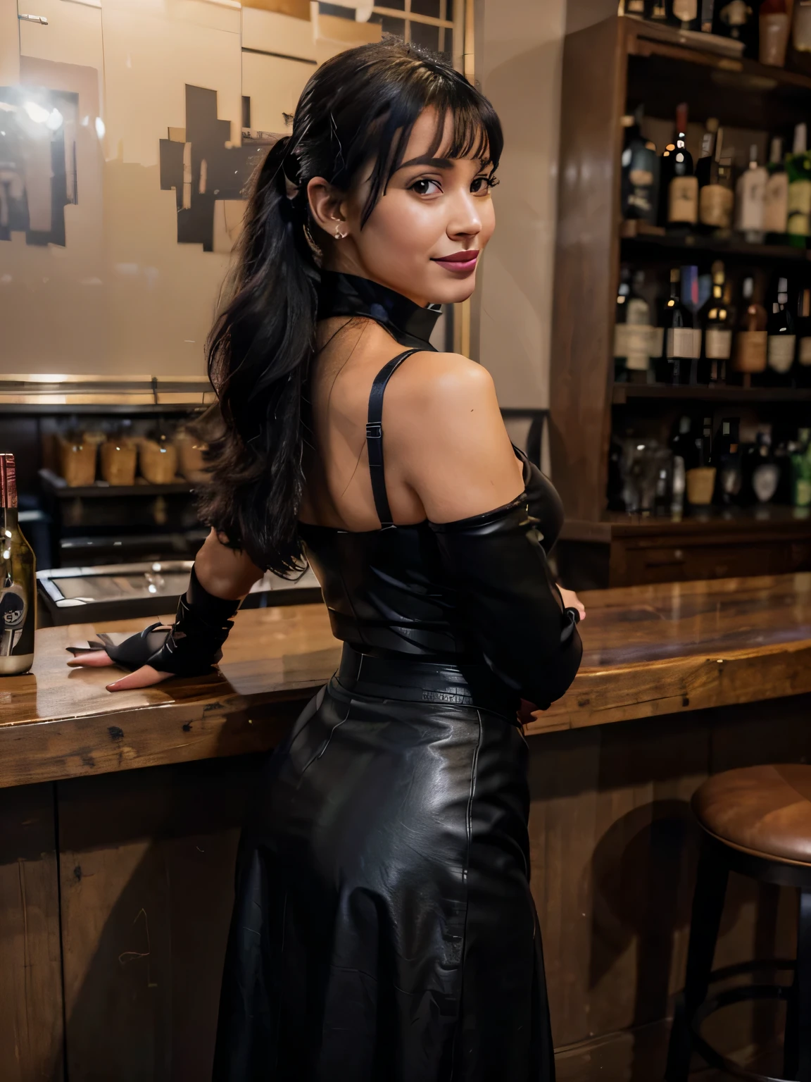 proFessional portrait photograph oF a gorgeous Smiling Bettie page girl in winter clothing with ponytail Black hair, black long maxi-skirt(black long maxi-skirt:1.2),sultry Flirty look, gorgeous symmetrical Face, joli maquillage naturel, wearing elegant warm winter Fashion clothing, (( black leather gloves)), ((standing at the bar , grabbed from behind by a black man, inside an english pub drinking glass of red wine,)), bag on her shoulders,superbe environnement urbain moderne, ultra realistic, art conceptuel, elegant, Very detailed, complexe, sharp Focus, depth oF Field, F/1. 8, 85mm, Coup moyen, midplane, (((proFessionally color graded))), bright soFt diFFused light, (volumetric Fog), tendance sur Instagram, hdr 4k, 8K