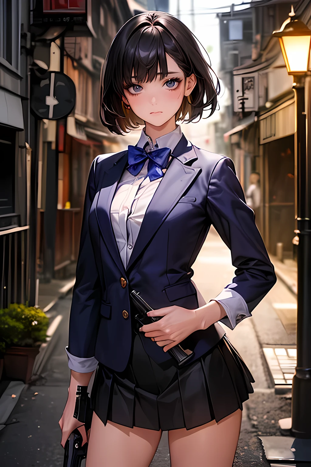 (((perfect anatomy,realistic:1.4,RAW Photography:1.4,masterpiece、highest quality、Ultra - High resolution、High resolution、Highly detailed CG、8K))),cowboy shot,1 female,solo、18 year old beauty,Japanese,((beautiful detailed face and eyes:1.3,big gorgeous eyes:1.3,gray eyes)),black hair,short bob hair,blunt bangs,blush,(medium breasts,slender body,small head:1.3,skinny),(gleaming skin:1.4,oily skin,shiny skin),(School uniform、Black blazer、navy blue bow tie、Pleated black mini skirt)、((Holding a gun in his right hand:1.5、Accurate and detailed depiction of a handgun:1.7)), Back Alley、A deserted street、Tokyo、at night、moonlight,