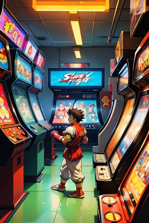 (Street Fighter characters,Shou is playing a game),arcade game
