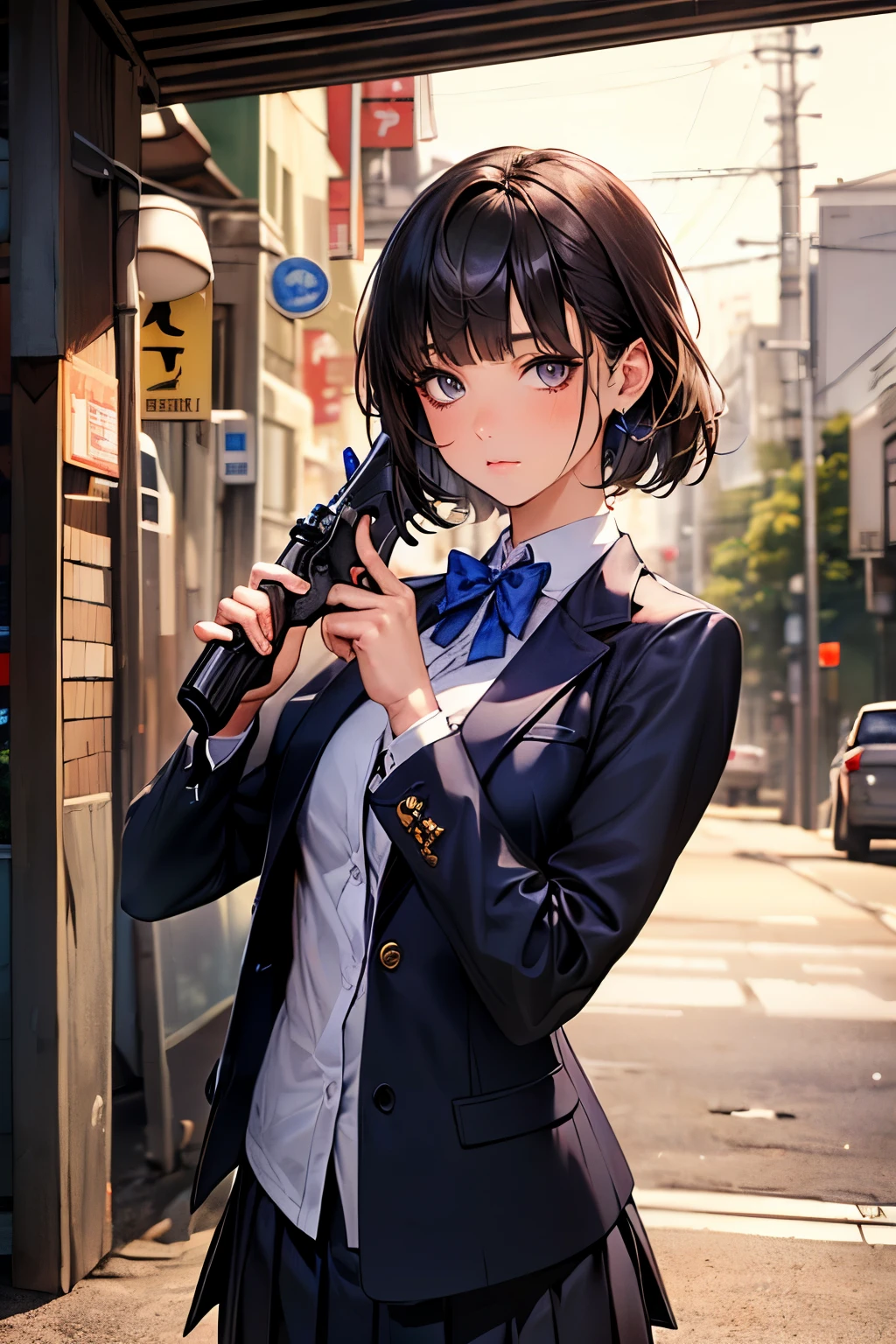 (((perfect anatomy,realistic:1.4,RAW Photography:1.4,masterpiece、highest quality、Ultra - High resolution、High resolution、Highly detailed CG、8K))),cowboy shot,1 female,solo、18 year old beauty,Japanese,((beautiful detailed face and eyes:1.3,big gorgeous eyes:1.3,gray eyes)),black hair,short bob hair,blunt bangs,blush,(medium breasts,slender body,small head:1.3,skinny),(gleaming skin:1.4,oily skin,shiny skin),(School uniform、Black blazer、navy blue bow tie、Pleated black mini skirt)、(holding an automatic pistol in one hand:1.7)、(((An accurate and detailed depiction of a self-loading pistol:1.7))), Back Alley、A deserted street、Tokyo、at night、moonlight,