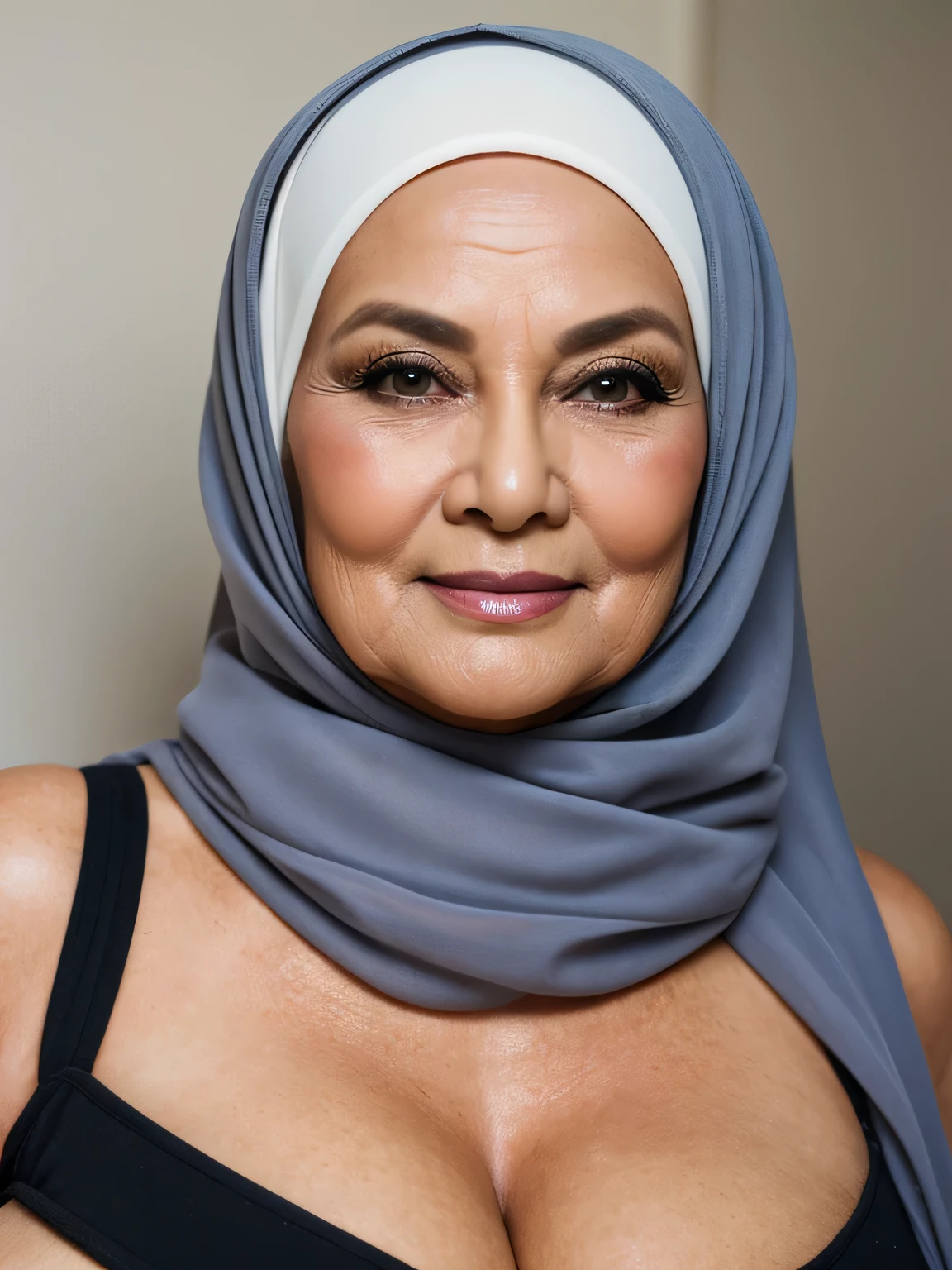 
(Realistic) ((non nude)) (real mature face) 68 Years old fat Brunei mature woman, sexy curvy, (photo model) wearing Wide Hijab, natural makeup, gorgeous eyes, saggy big breasts, Soft smile, professional photography with excellent lighting