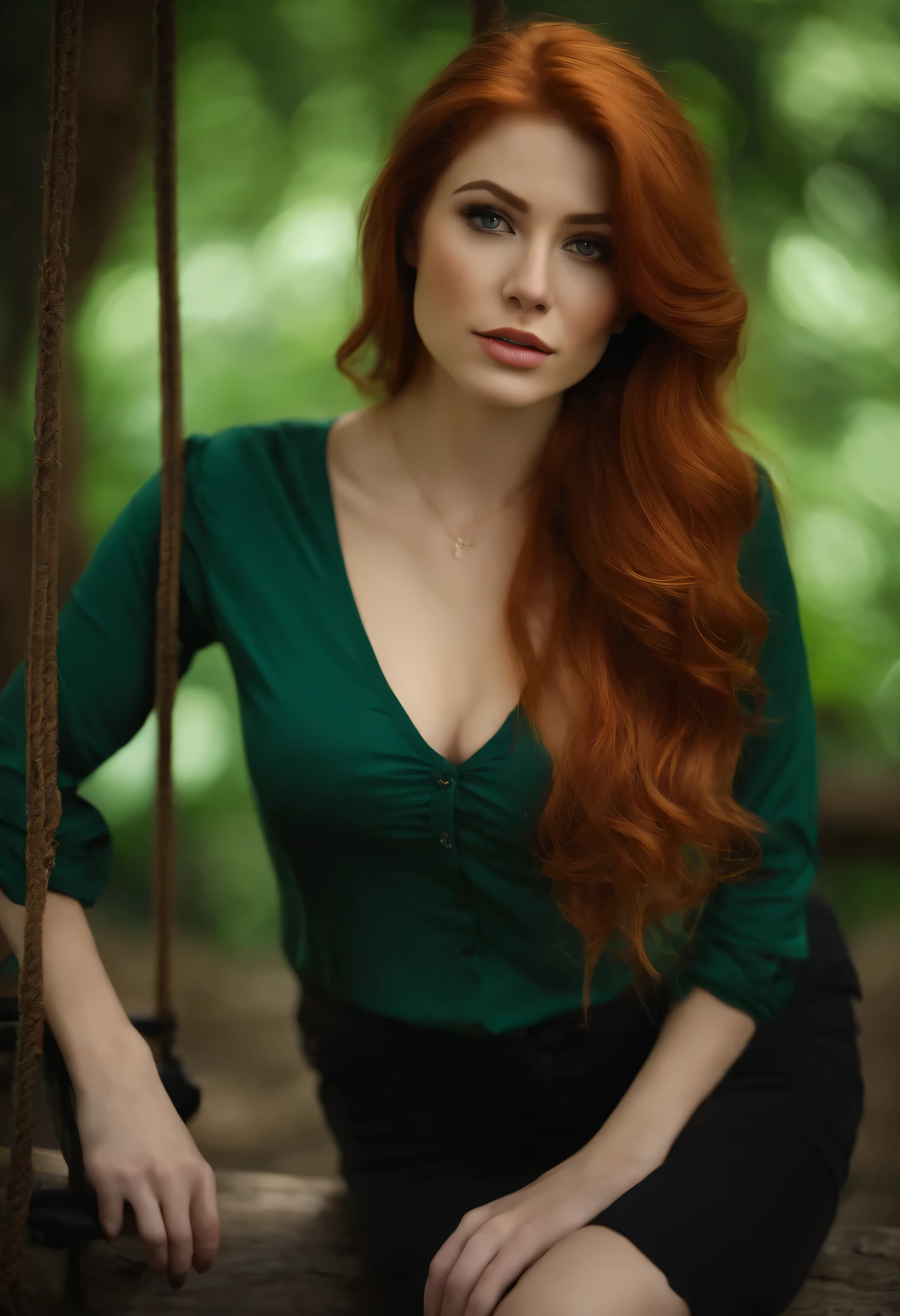 professional, (4k photo:1.1) by (Jeremy Lipking:0.3), (Dittmann Anna:0.3), (Arian Mark:0.3), (Sharp focus:1.3), high detail, wearing (tight shirt:1.2), beautiful detailed face, an attractive woman with long red hair looks into the camera, looking like actress Katherine McNamara, panasonic lumix s pro 50mm f/1.4, anne stokes, color splash, dark orange and dark emerald, ferrania p30, photo realistic, (attractive young woman:1.3), (seductive:1.1), (blushing:1.1), hourglass body shape, big round breasts, wide hips, sitting on a swing