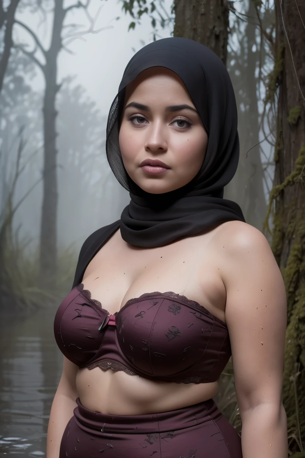 Chubby, ((Chubby:1.4)), ((HIJAB)), WEARING STRAPLESS PATTERN FLORAL BRA, (Best Quality, hight resolution, Realistic:1.37), The Frightened Woman, standingn,  Distressed flared satin, cloudy water, Sinking Feeling, gloomy atmosphere, Foggy surroundings, dark shadows, A Surreal Touch, soft-lighting, creepy ambiance, can't cope with shame, half body, Being in the middle of a very creepy and dark city