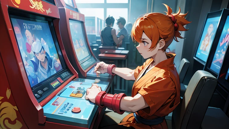 (Street Fighter characters,Shou is playing a game),arcade game