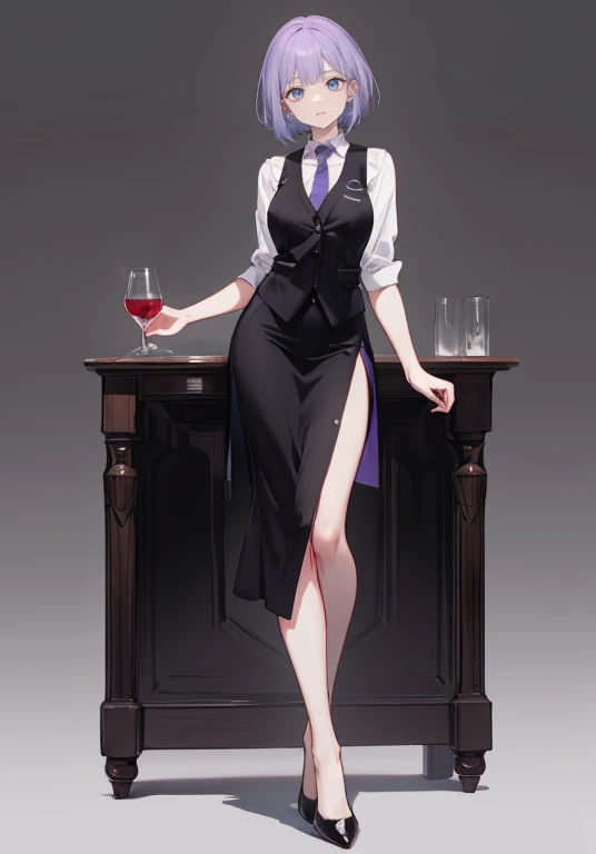 ((Perfect Face)),Purple Hair,Shortcuts,1 female,bartender,,Black vest,tie,High heels,,((Simple light color background)),((smile)),((Full Body)),((full body)),Portraiture,virtual,upright,