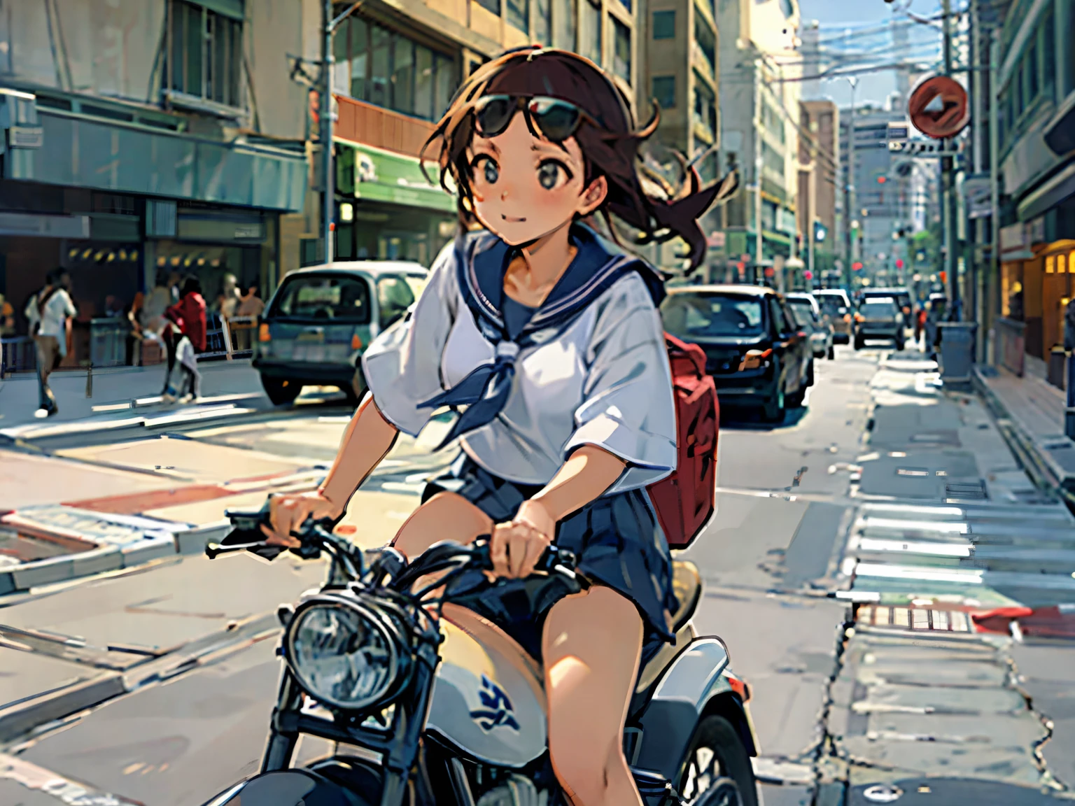 In a busy downtown area at night, while passersby are bustling about, a middle school girl in a sailor uniform is riding in a foreign car driven by a man wearing sunglasses and an Hawaiian shirt, sticking her head out of the passenger seat and looking out at the street.