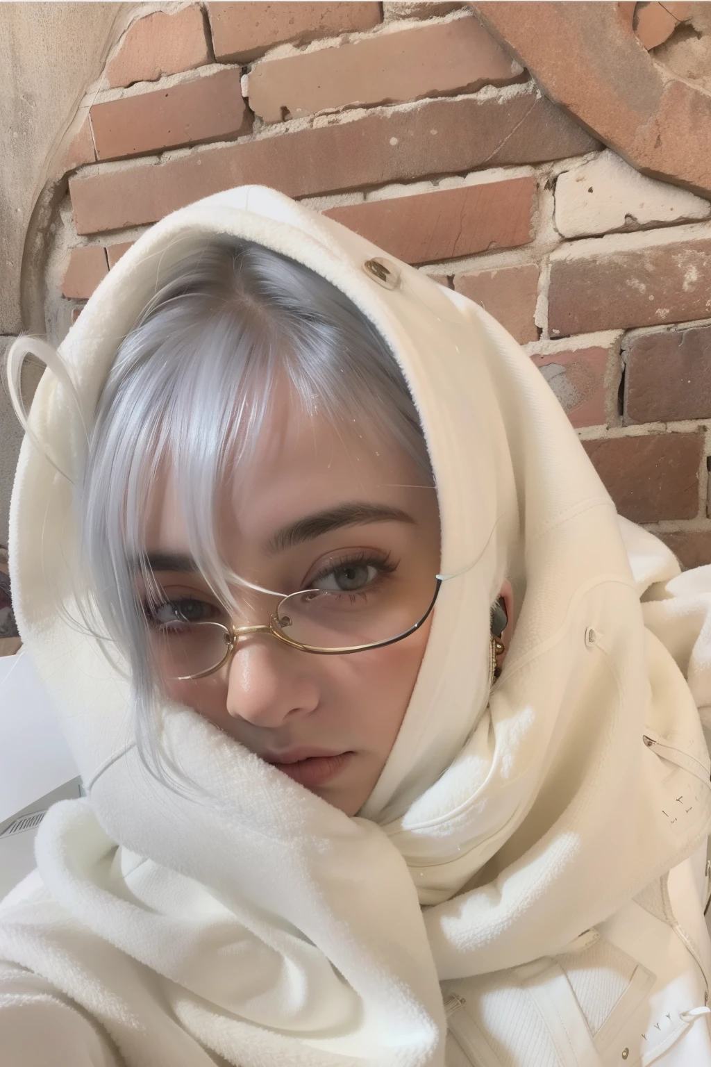 arafa woman wrapped in a blanket with a brick wall behind her, Franja branca, coberto com cobertor, billie eilish como uma freira triste, billie eilish, franja branca, billie eilish como freira, hair franja branca hair, her hair is white, retrato de billie eilish, retrato de billie eilish, deitado em um cobertor felpudo, frio