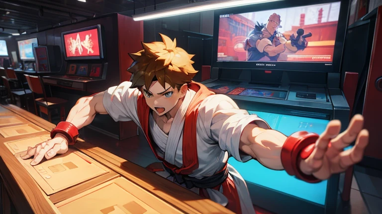 (Street Fighter characters,Shou is playing a game),arcade game,Hit the button hard,