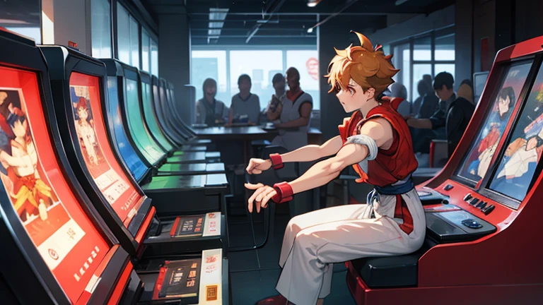 (Street Fighter characters,Shou is playing a game),arcade game,Hit the button hard,