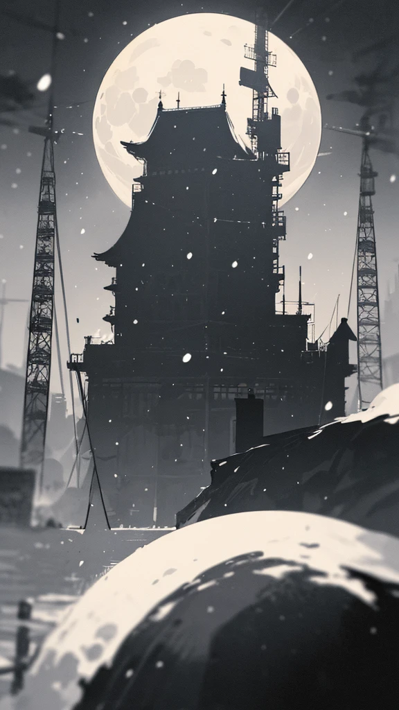 (masterpiece、highest quality)、Warm lighting、 Blurred foreground、Deep in the night、High Contrast,it&#39;s snowing,curse,Huge construction,Black night,full moon,universe,planet,null