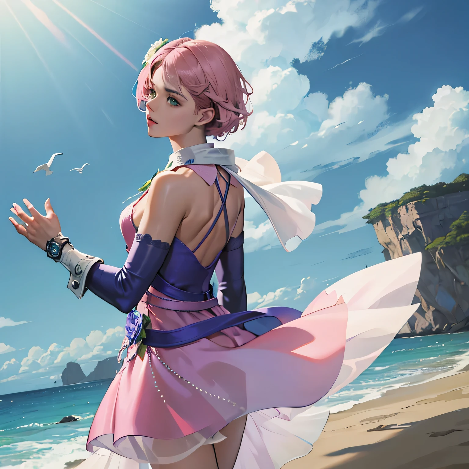 (parte mestre, melhor qualidade) Alisa Rosto bonito, Olhos verdes detalhados , roupas elegantes e detalhadas , swollen lips ,Flower accessories for short hair pink, (melhores detalhes) ( melhor qualidade) espetacular, dramatic scenery, tekken , anime digital illustration, estilo anime 4K, por Yang J, arte digital de anime detalhada, arte digital estilo anime, a beautiful art illustration, anime digital illustration, arte digital de anime, 8k arte detalhada de alta qualidade