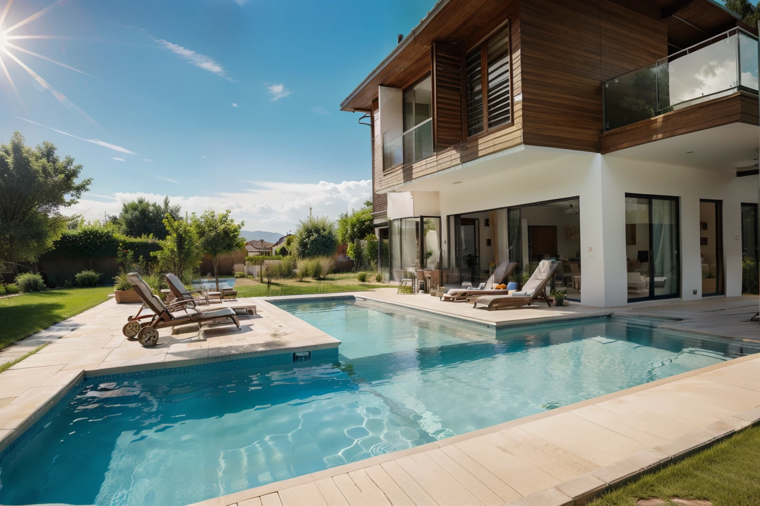 realistic photo of a house with a swimming pool on a sunny summer day, a high resolution, professional photo