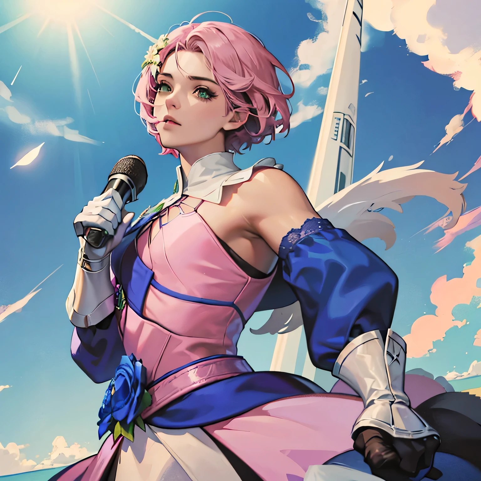 (parte mestre, melhor qualidade) Alisa Rosto bonito, Olhos verdes detalhados , roupas elegantes e detalhadas , swollen lips ,Flower accessories for short hair pink, (melhores detalhes) ( melhor qualidade) espetacular, dramatic scenery, tekken , anime digital illustration, estilo anime 4K, por Yang J, arte digital de anime detalhada, arte digital estilo anime, a beautiful art illustration, anime digital illustration, arte digital de anime, 8k arte detalhada de alta qualidade