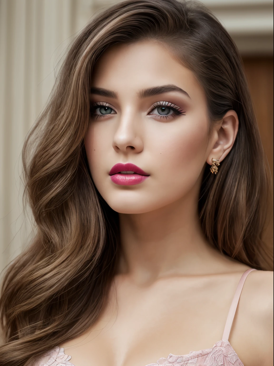 (Best quality,8K,A high resolution,Masterpiece:1.2, DSLR, 16k ),Ultra-detailed,(Realistic,Photorealistic,photo-realistic:1.37),Portrait, Creative style artwork, Historical, classical, Sophisticated, plethora of colors ,Highly detailed, Soft lighting, luxurious environment , black dress, there is young woman , girl wearing a red classy royal dress, performing a music video, slim fit (oval perfect shape, asymmetrical face structure, perfect proportion, almond eye type, hazal eye color, detailed eyes, brown hair color, 32 inch breasts, hourglass figure, slim body, pale white skin tone ,sexy girl, 21 years old, soft wavy hair, looking away, attitude expression, professional makeup, pink lips)