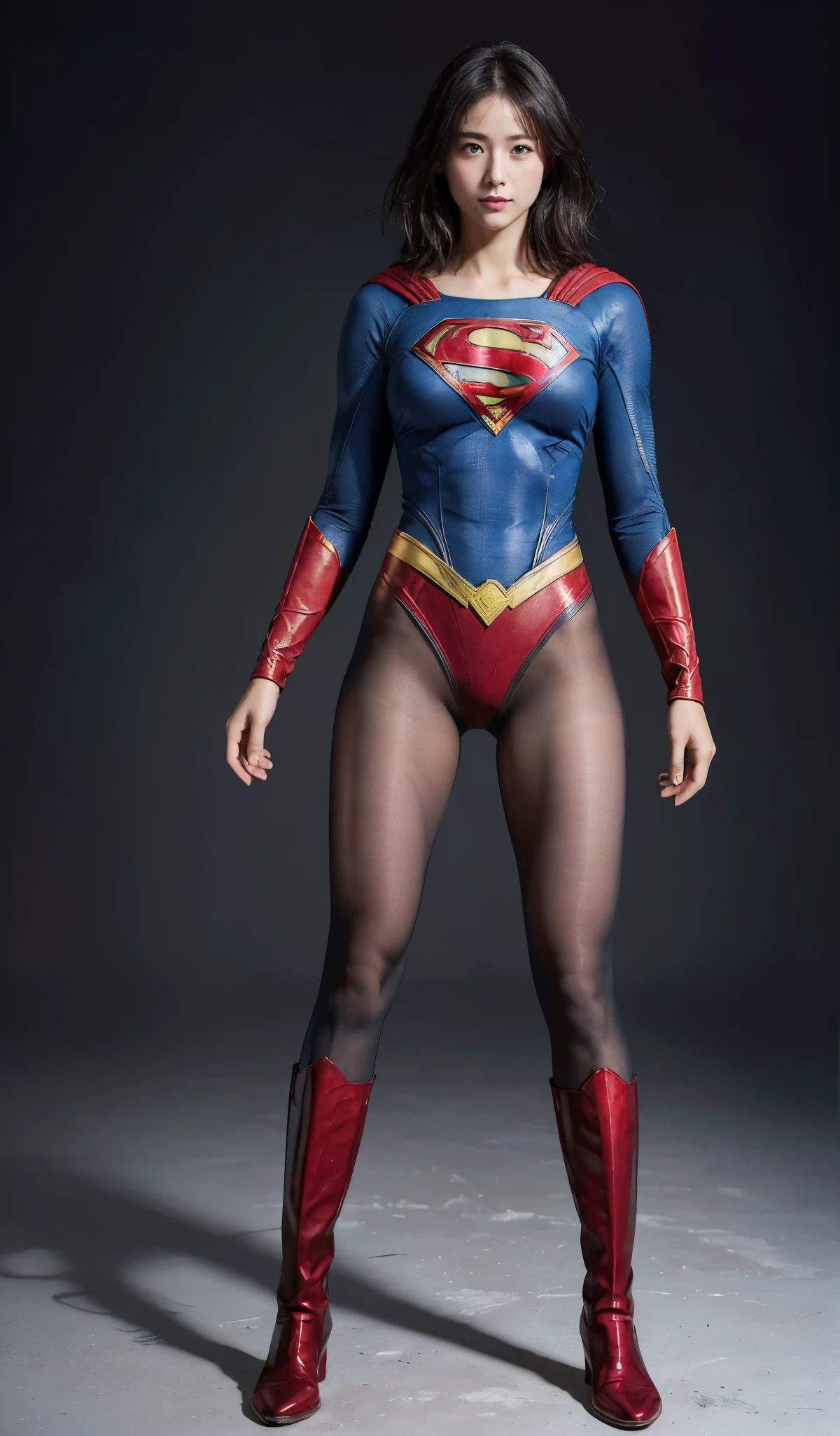 No background、(((Beautiful legs in black tights.)))、(((Legally express the beauty of your smile)))、((((Make the most of your original images)))、(((Supergirl Costume)))、(((beautiful short bob hair)))、(((suffering)))、(((Please wear black tights....、Wear red boots)))、((Best image quality、8K))、((highest quality、8K、masterpiece:1.3))、(((Preserve background )))、Sharp focus:1.2、Beautiful woman with perfect figure:1.4、Thin abdominal muscles:1.2、Wet body:1.5、Highly detailed face and skin texture、8K