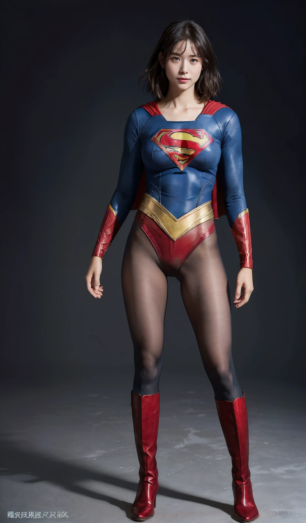 No background、(((Beautiful legs in black tights.)))、(((Legally express the beauty of your smile)))、((((Make the most of your original images)))、(((Supergirl Costume)))、(((beautiful short bob hair)))、(((suffering)))、(((Please wear black tights....、Wear red boots)))、((Best image quality、8K))、((highest quality、8K、masterpiece:1.3))、(((Preserve background )))、Sharp focus:1.2、Beautiful woman with perfect figure:1.4、Thin abdominal muscles:1.2、Wet body:1.5、Highly detailed face and skin texture、8K