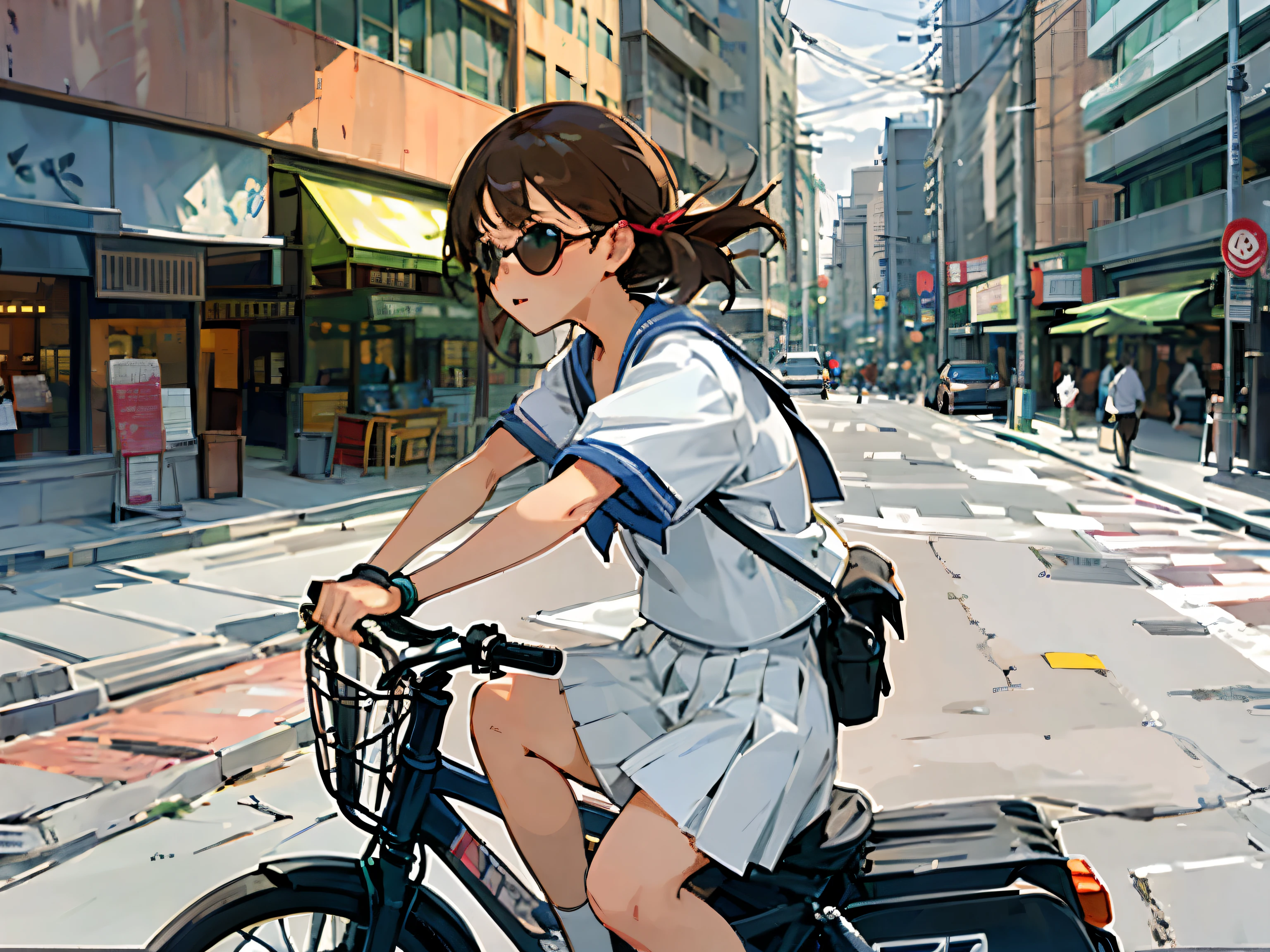 In a busy downtown area at night, while passersby are bustling about, a  girl in a sailor uniform is riding in a foreign car driven by a man wearing sunglasses and an Hawaiian shirt, sticking her head out of the passenger seat and looking out at the street.