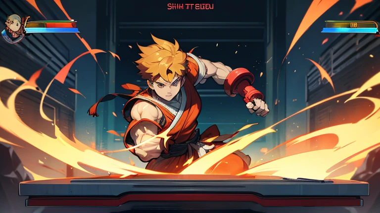 (Street Fighter characters,Shou is playing a game),arcade game,Hit the button hard,Intense lever operation,