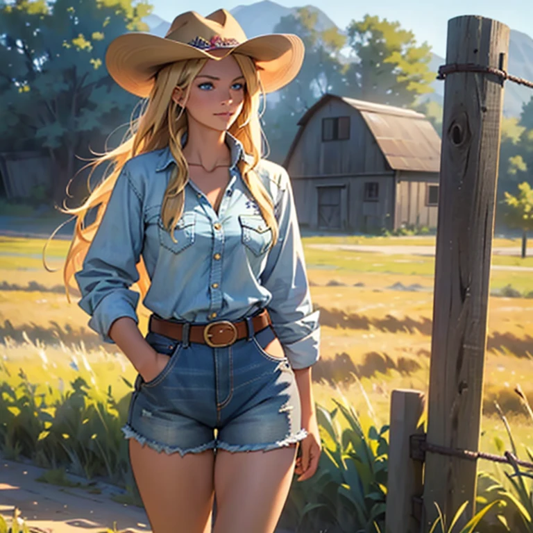 ((best quality)), ((masterpiece)), ((detailed)) woman, long blonde hair, bright blue eyes, soft smile, kind, pretty, curvy, cowgirl, cowgirl boots, western hat, flannel shirt tucked into jean shorts, cowgirl belt, bandana around neck, ranch hand, leaning against fence, wheat field, barn in distance
