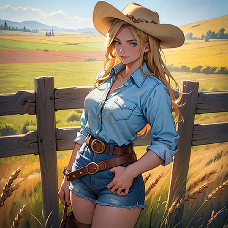 ((best quality)), ((masterpiece)), ((detailed)) woman, long blonde hair, bright blue eyes, soft smile, kind, pretty, curvy, cowgirl, cowgirl boots, western hat, flannel shirt tucked into jean shorts, cowgirl belt, bandana around neck, ranch hand, leaning against fence, wheat field, barn in distance