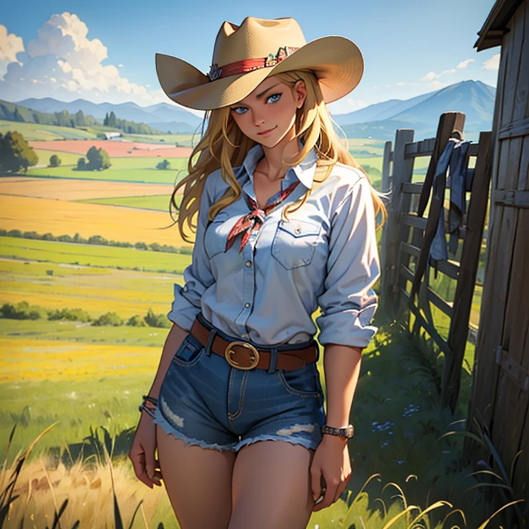 ((best quality)), ((masterpiece)), ((detailed)) woman, long blonde hair, bright blue eyes, soft smile, kind, pretty, curvy, cowgirl, cowgirl boots, western hat, flannel shirt tucked into jean shorts, cowgirl belt, bandana around neck, ranch hand, leaning against fence, wheat field, barn in distance