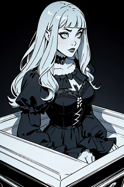 Beautiful Hardcore Illustration homepage illustration style, bust shot, dark, high resolution, hard touch illustration, strong outline, gothic fashion, 8k, American comic style, long hair, parted bangs, beautiful face, cool beauty, dress, beauty style, Hard illustration, sliver colored hair, rose, coffin, kawaii