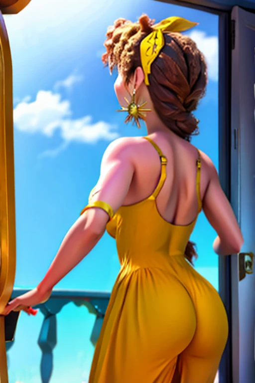 yellow swimsuit, arched, back view