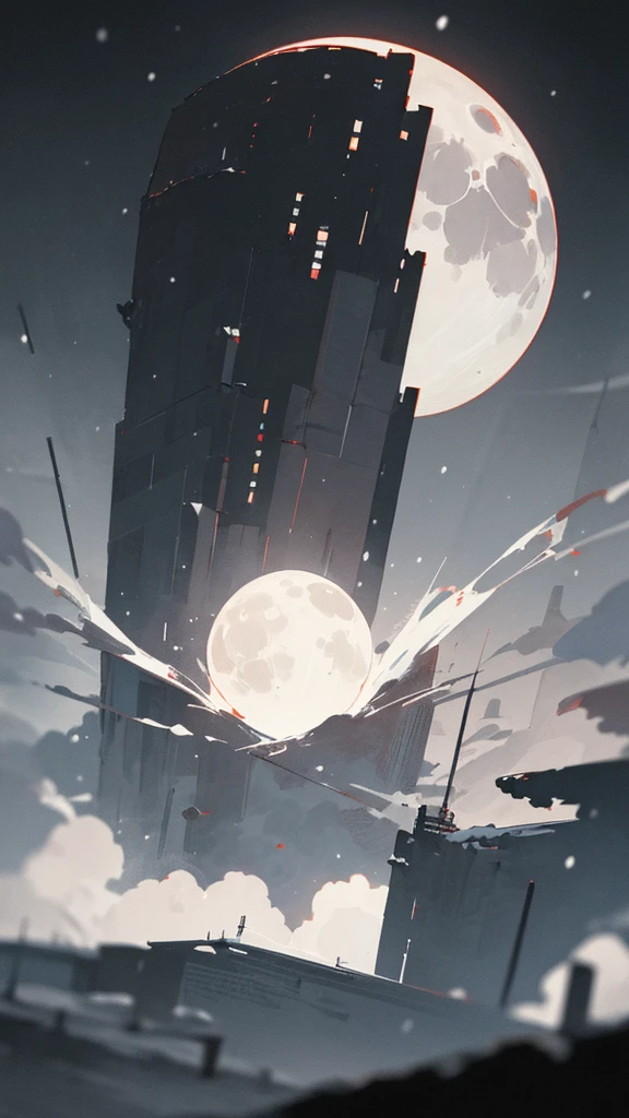 (masterpiece、highest quality)、Warm lighting、 Blurred foreground、Deep in the night、High Contrast,it's snowing,curse,Huge construction,Black night,full moon,universe,planet,Moon and Earth