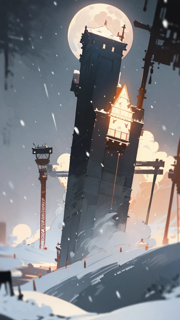 (masterpiece、highest quality)、Warm lighting、 Blurred foreground、Deep in the night、High Contrast,it's snowing,curse,Huge construction,Black night,full moon,universe,planet,Moon and Earth