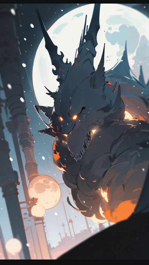 (masterpiece、highest quality)、Warm lighting、 Blurred foreground、Deep in the night、High Contrast,it&#39;s snowing,curse,Huge construction,Black night,full moon,universe,planet,Moon and Earth