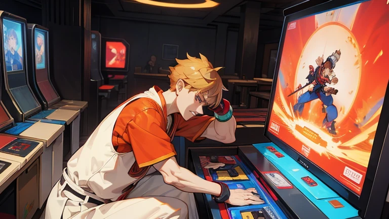 (Street Fighter characters,Shou is playing a game),arcade game,Hit the button hard,Intense lever operation,