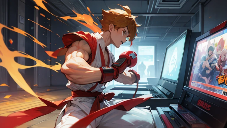 (Street Fighter characters,Shou is playing a game),arcade game,Hit the button hard,Intense lever operation,
