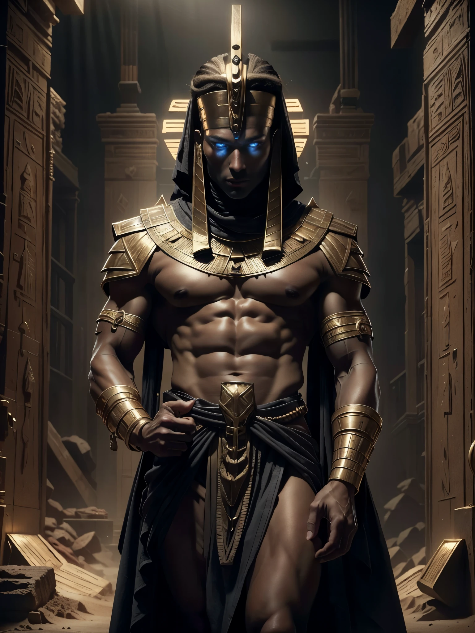 Photorealistic, ((best quality)), ((masterpiece)), (detailed), Egyptian god osiris, masculine portrait of god osiris, personification of osiris, (partially mummy-wrapped:1.4), (evil look:1.2), 18-year-old male model, handsome, tall, cute looking, evil look, dark look powerful, young male model, handsome mythical creature, super strong, muscular, fit, massive muscles, six pack, clean shave, blue eyes. (short straight brown hair:1.4), short messy hair, messy wavy hair, shirtless, barechested, muscle, ripped, strong body, fit body, ancient linen eqyptian small skirt, (antique black linen raped cloth skirt:1.3) (Dark background) 8k, high detailed, ultra-detailed, Stylish Pose, real skin texture, dark cinematic lighting, (Emerging from the desert sand:1.4) sand storm, desert dunes, with a threatening attitude.