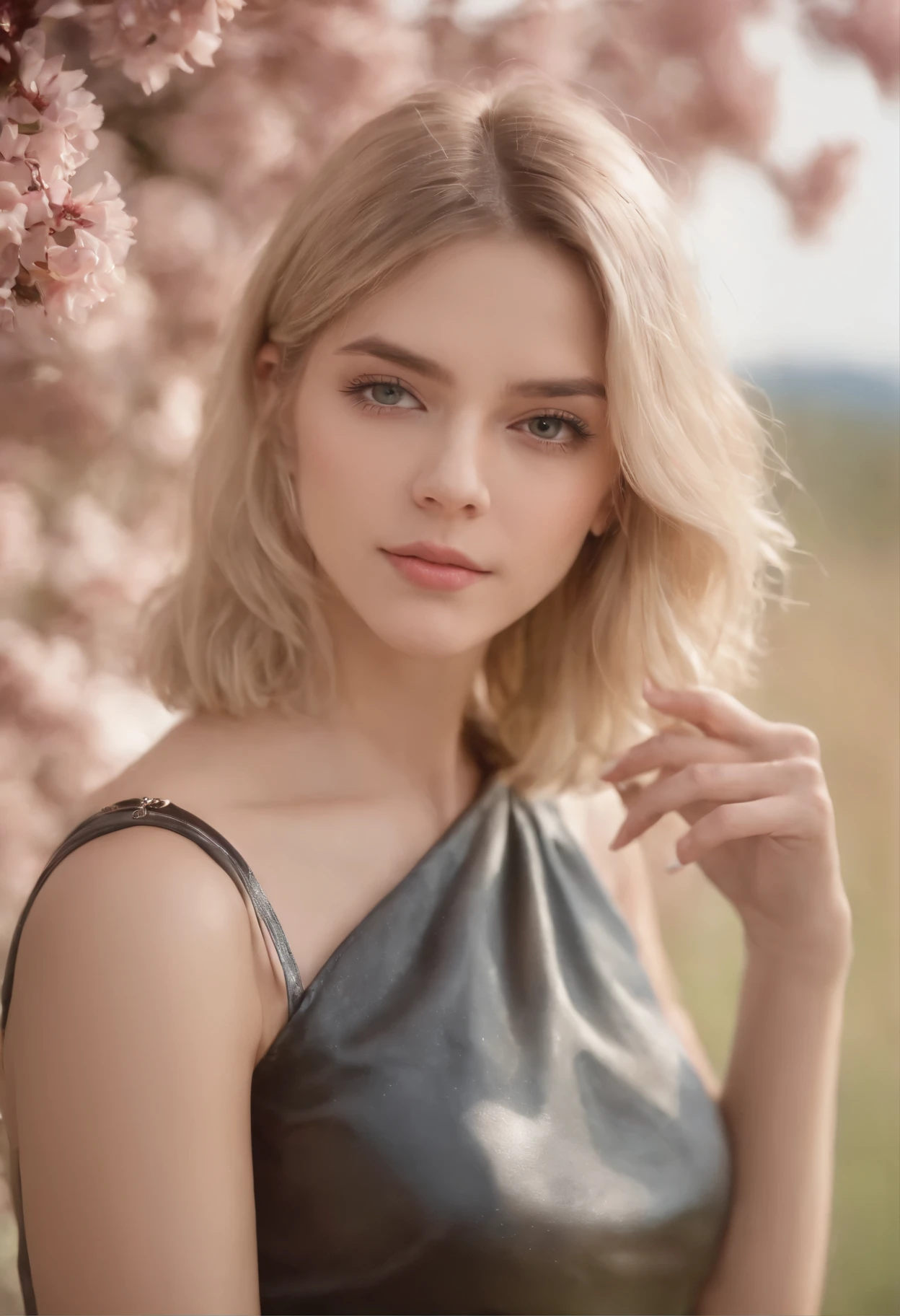 18 year old sexy girl, masterpiece, best quality, detailed fingers, precise fingers, not unnatural hands, 1 girl, solo, blonde bob cut, flower hair ornament, sagging eyes, dark leather mini skirt, (dynamic pose)