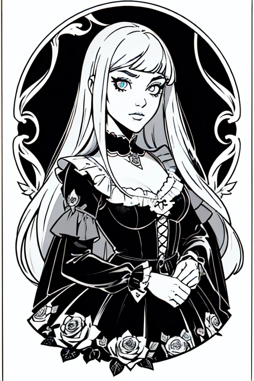 Beautiful Hardcore Illustration homepage illustration style, bust shot, portrait, illustration dark, high resolution, hard touch illustration, strong outline, gothic fashion, 8k, American comic style, long hair, parted bangs, beautiful face, cool beauty, dress, beauty style, Hard illustration, sliver colored hair, rose, coffin, kawaii