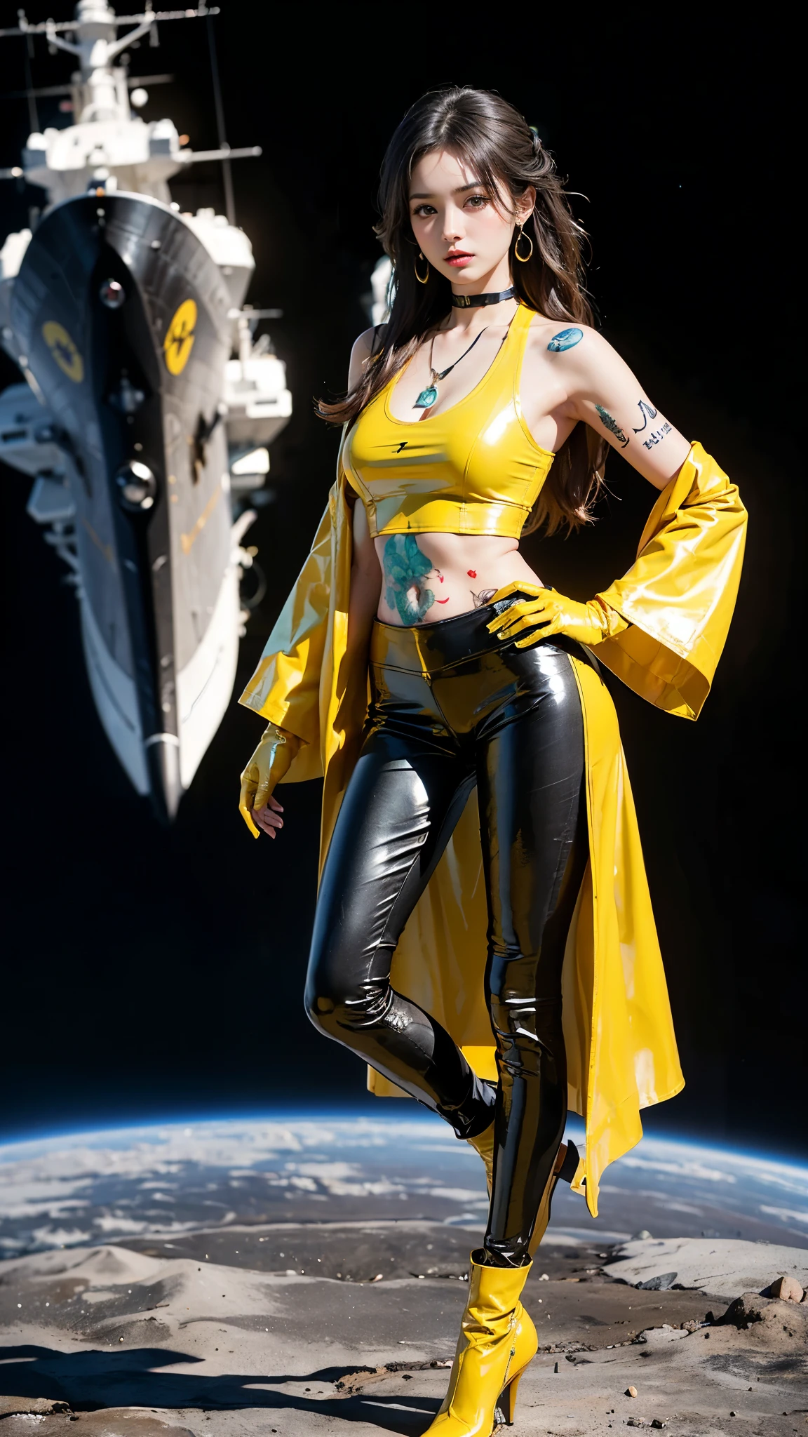 ((masterpiece:1.4)、(highest quality:1.4)、(Realistic:1.7))、Masterpiece:1.4、(Top-notch rendering:1.4)、(Kaoru, the beautiful navigator of the Space Battleship Fuji:1.4)、Super Beauty航海士Kaoru、(By Luis Royo:1.4)、(A uniform that accentuates your beautiful figure:1.2)、(Futuristic sci-fi battle fashion:1.2)、(Street Style Wear)、(Tight Fit Pants)、(Shiny luxury latex:1.4)、(Luxury yellow latex:1.4)、19 years old、(Cute Tattoos:1.4)、(Wearing yellow gloves)、Cute Girl、Super Beauty、(Seductive pose)、Sharp Focus、Portrait Photography:1.4、8k、Photorealistic images:1.4、(Perfect female body:1.4)、Perfect proportions、(Standing:1.4)、(Full body photography:1.4)、Beautiful Face、Fearless look、Beautiful Eyes、(A girl with a beautiful body and slender abdominal muscles)、Narrow waist:1.4、(9-body proportions beautiful girl:1.4)、(A beautiful girl with long legs and a good figure:1.4)、Beautiful feet:1.4、(Long Hair:1.2)、Heavy makeup、Eyeshadow、Glow Eye、Glow Lip、Beautiful breasts、Large Breasts:1.2、sexy ass、(Standing facing forward:1.4)、Raw photo、Red lips、Yellow high heels:1.4、choker:1.4、necklace:1.4、Earrings:1.4、1 Screen Display:1.4、Space Battleship Fuji's bridge:1.2