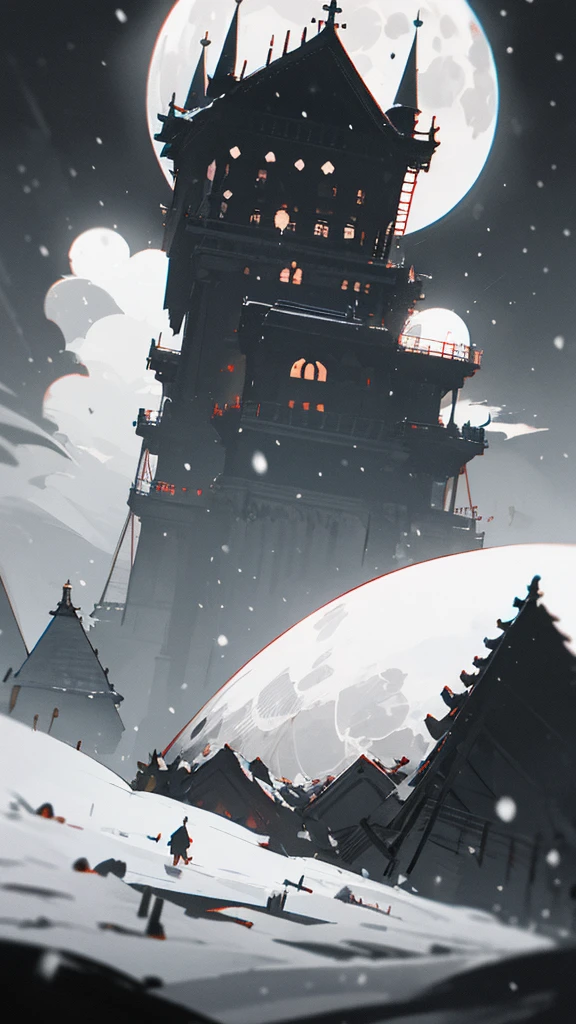 (masterpiece、highest quality)、Warm lighting、 Blurred foreground、Deep in the night、High Contrast,it's snowing,curse,Huge construction,Black night,full moon,universe,planet,Moon and Earth,Ruined World
