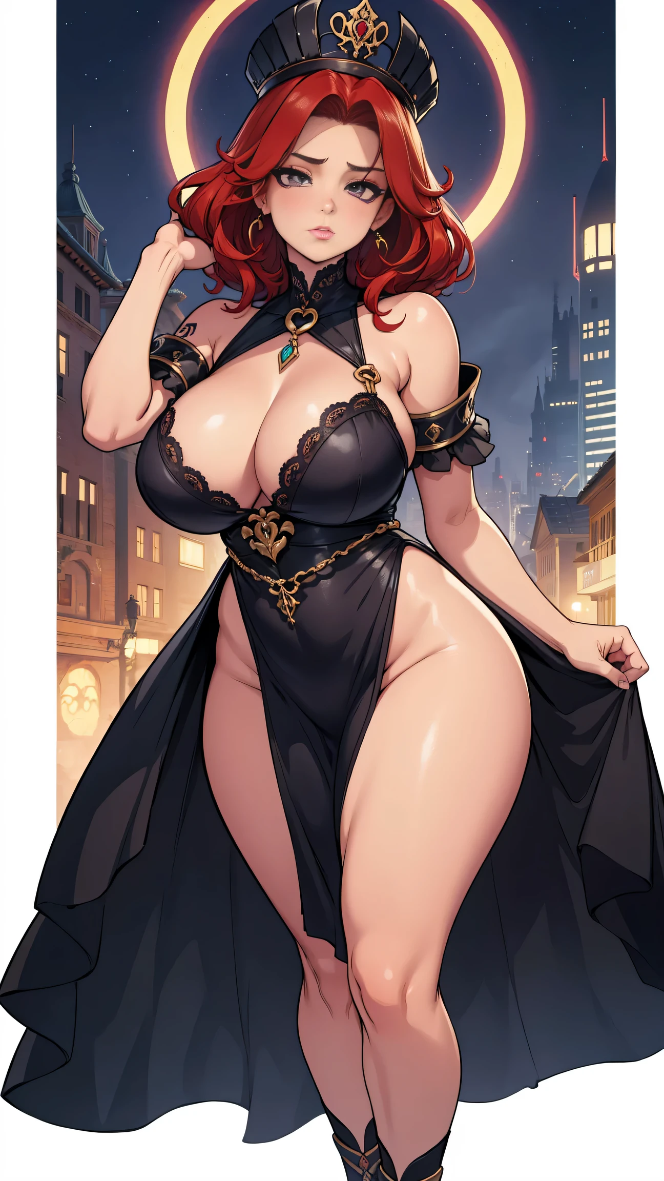 1girl, seios gigantescos, Curvilinear waist, bunda grande, massive breasts, seios grandes, Seios enormes, seios gigantescos, coxas grossas, muscular female, corpo suculento, corpo, bunda suculenta, seios suculentos, seios cheios, bunda cheia, breasts larger than the head, Roupas da era vitoriana, RED hair, cabelos longos, Cabelo amarrado, tatuagem de seios, Heart tattoo, piercing no nariz, pose sensual, provocando o espectador, ereta sob a roupa, at night, janela do quarto, no quarto, thick dress, WHITE DRESS, bimbo breasts, bimbo body, erect under dress, lace bra under dress, FULL BODY VIEW