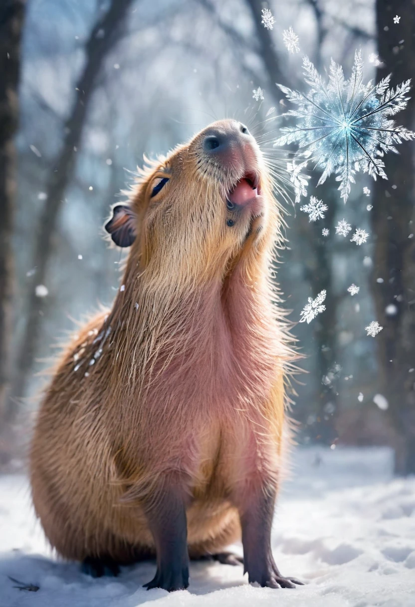 A Capybara, capybara, Yawning  capybara, Soft god rays. Cute fat capybara chasing snowflakes, Thawing snow, spring flower buds, grand fantasy meadow, low angle shot, mystical (translucent butterflies:1.1) (runes:1.7), soft natural light, high res fantasy anime key visual, extremely detailed photograph, macro details, winter attire, windswept smoke wisps, cosmic runes
