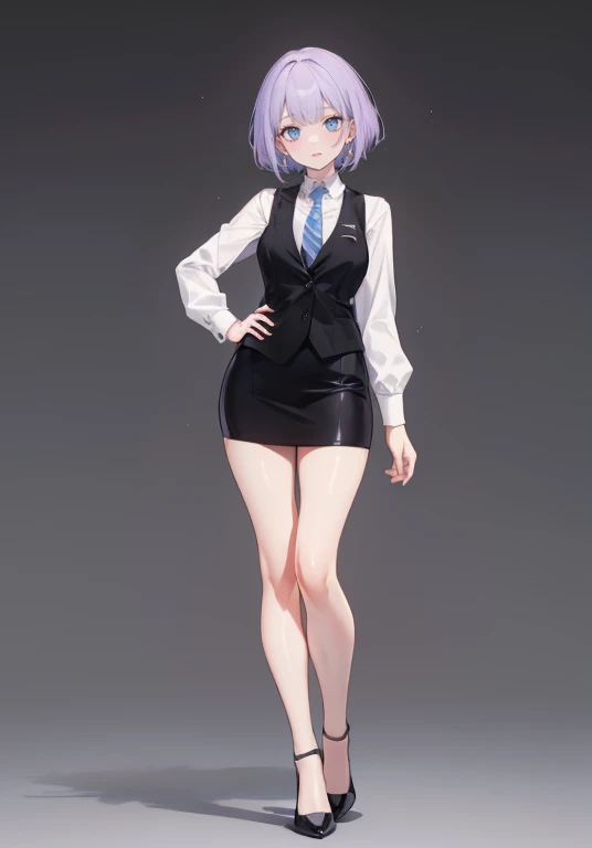 ((Perfect Face)),Purple Hair,Shortcuts,1 female,bartender,,Black vest,tie,High heels,,((Simple light color background)),((smile)),((Full Body)),((full body)),Portraiture,virtual,upright,