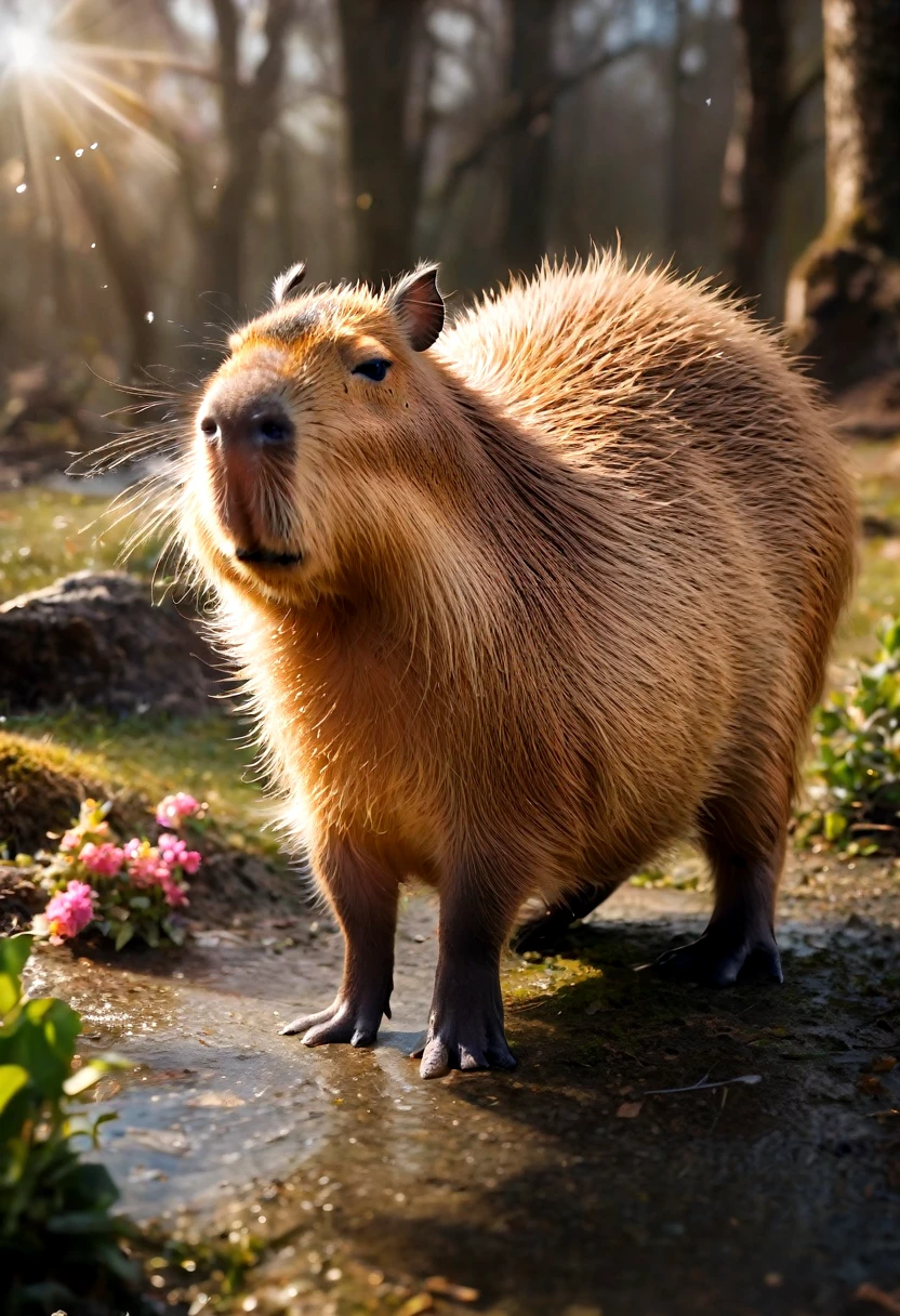 A Capybara, capybara, Yawning baby capybara, Soft god rays. Cute fat capybara chasing snowflakes, Thawing snow, spring flower buds, grand fantasy meadow, low angle shot, mystical (translucent butterflies:1.1) (runes:1.7), soft natural light, high res fantasy anime key visual, extremely detailed photograph, macro details, winter attire, windswept smoke wisps, cosmic runes