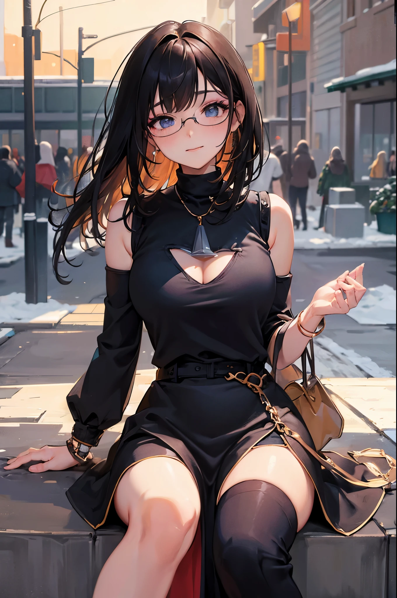 (masterpiece:1.3), (ultra quality), ultla highres, HD 16k, hyper detailed, intricate detailed, amazing shading, high contrast, raw photo, super fine illustration,
perfect anatomy, correct anatomy, perfect proportion, perfect face, perfect hands, perfect legs, (perfect fingers, perfect hands),
(a professional photo of japanese girl), detailed beautiful face, detailed facial features, detailed clothes features, depth of field, physically-based rendering,
professional lighting, rim light,
(sharp focus, bokeh:1.31),
BREAK
cute, girly, 1girl, 18-years-old, , slim, slender, (huge breasts), long hair, black hair, blunt bangs, shiny hair, shiny skin,
BREAK
(glasses:1.21), (catchlight:1.81), five fingers, (detail fingers), bright eyes, (blue eyes), , thighs, narrow waist, eyeliner, eyelashes, (makeup:1.51), drooping eyes, tear bag,
BREAK
turtleneck sweater long dress, long sleeve, shoulder bag, paisura, strap between breasts, jewelry, earrings, bracelet,
BREAK
looking at viewer, (above thigh), (angle from front:1.41), front face, smile, closed mouth, (nose blush:1.11), sitting,
BREAK
outdoors, (crowed people, crowd around), street scenery, light clouds, (snow, snowfall), fluttering in the wind:1.31, pedestrian traffic:1.61,
BREAK
