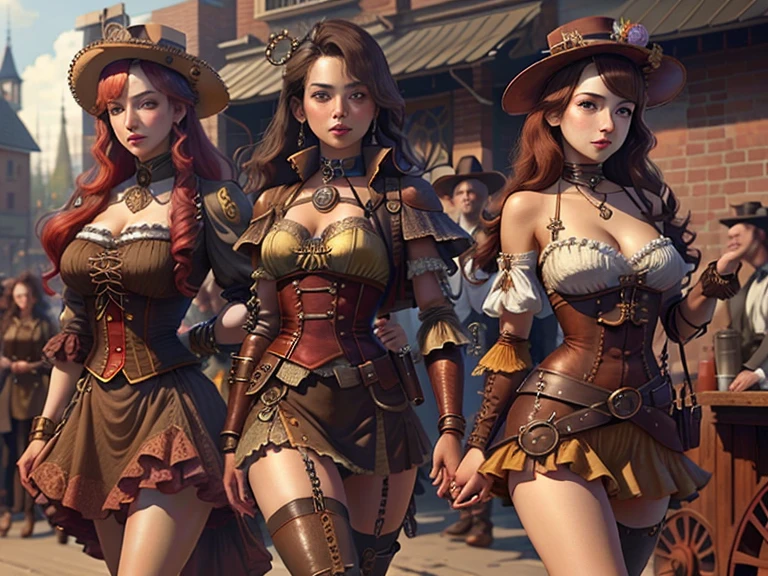 looking at viewer, large steampunk helmet, 35yo, steampunk armor, extremaly bent, shibari, steampunk clothes, heterochromic eyes,(masterpiece, best quality, detailed shiny skin:1.2), flawless, 8k, RAW, background: parade, steampunk city, airships
