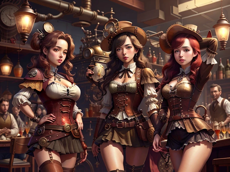 steampunk、AI、girl、mini skirt、Ample breasts、The Three Musketeers