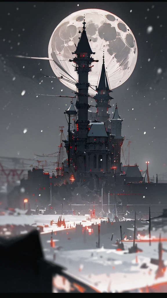 (masterpiece、highest quality)、Warm lighting、 Blurred foreground、Deep in the night、High Contrast,it's snowing,curse,Huge construction,Black night,full moon,universe,planet,Moon and Earth,Ruined World