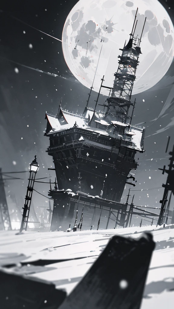 (masterpiece、highest quality)、Warm lighting、 Blurred foreground、Deep in the night、High Contrast,it's snowing,curse,Huge construction,Black night,full moon,universe,planet,Moon and Earth,Ruined World