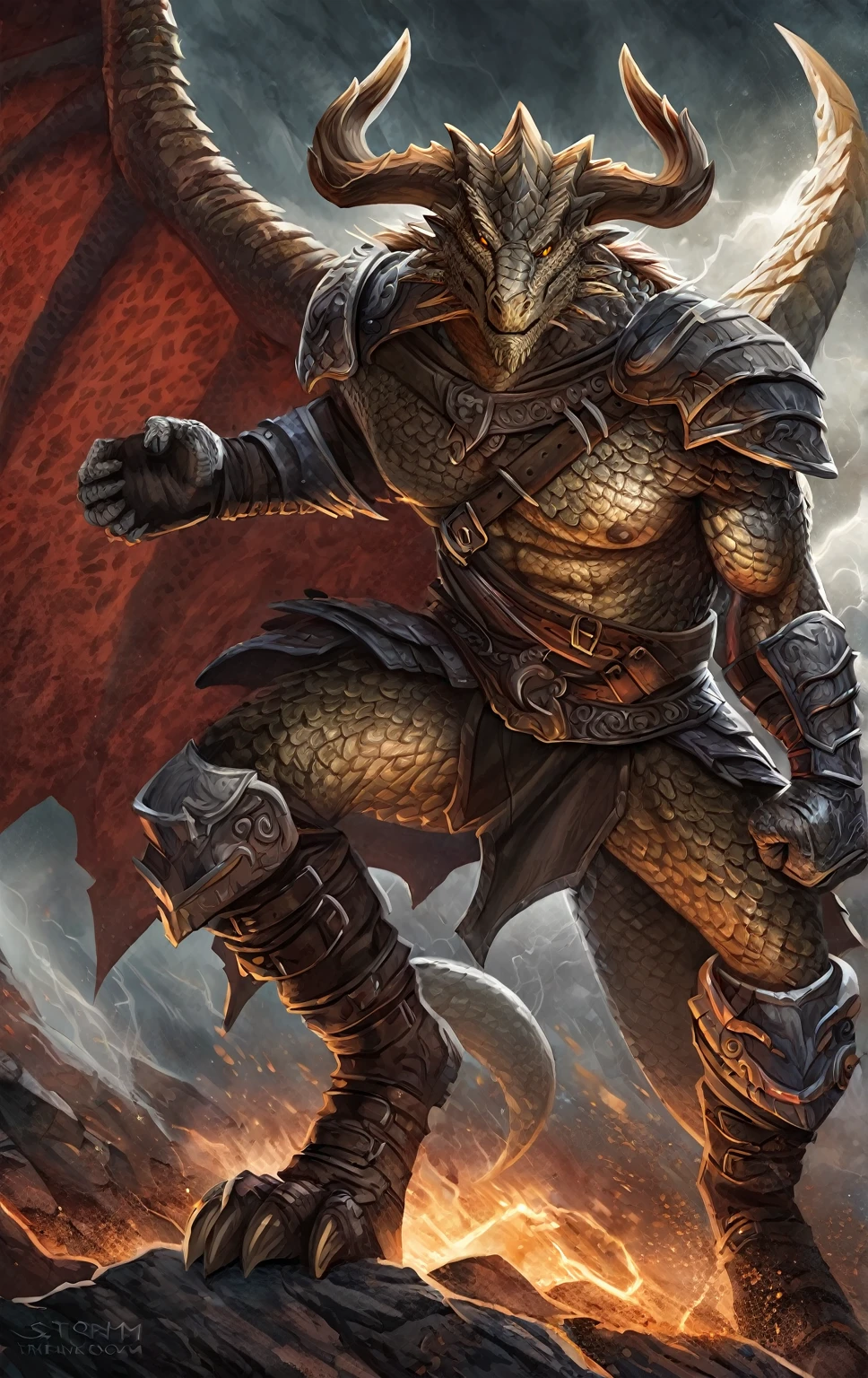 Storm Dragon warrior,comic book style, illustration, solo, abs, viking, detailed scales, majestic horns, rough scales, plated scales, ferocious, male, [[badass pose]], nipples, masterpiece, best art, armor, full body, boots, digitigrade, 