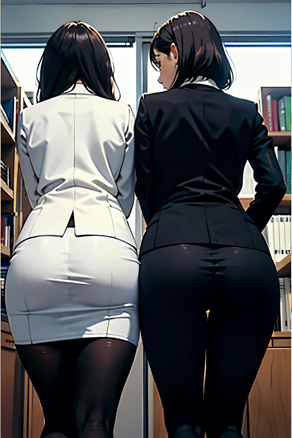 ((highest quality)), ((masterpiece)), (be familiar with), (High definition), (Real), 8K, Best Shadow, Side lighting, Cinematic、Low contrast、(Complex:1.4)、(Two office ladies standing side by side with their butts sticking out)、milf, business suit、(One is wearing a pencil skirt、stockings)、(One is wearing a pantsuit)、(Close-up of two people&#39;s buttocks:1.4)、((Back view))、hidden camera photos、Low angle behind、(Cabinet bookshelf in a bright office)